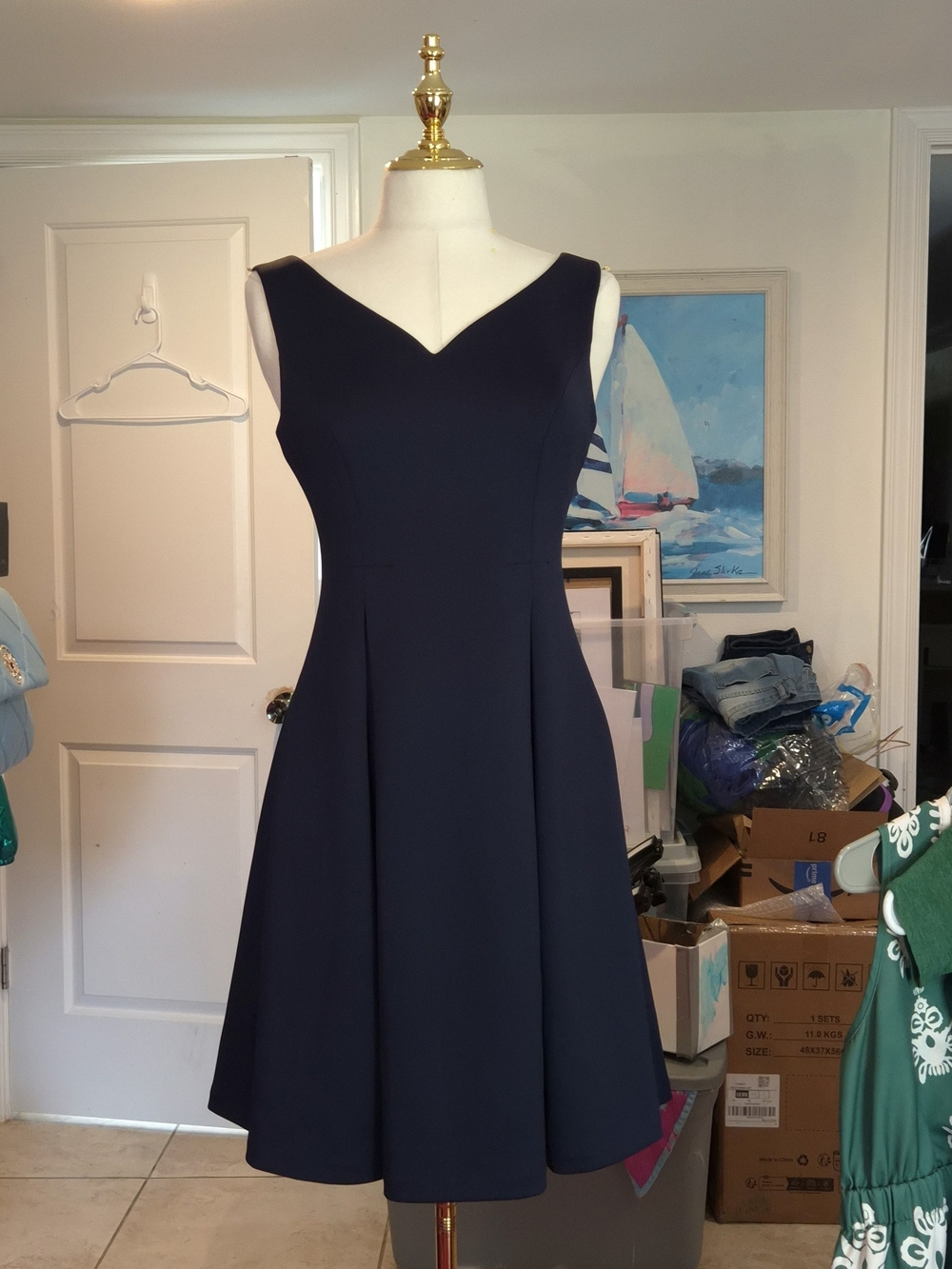 DKNY Navy V-Neck Fit-and-Flare Midi Dress